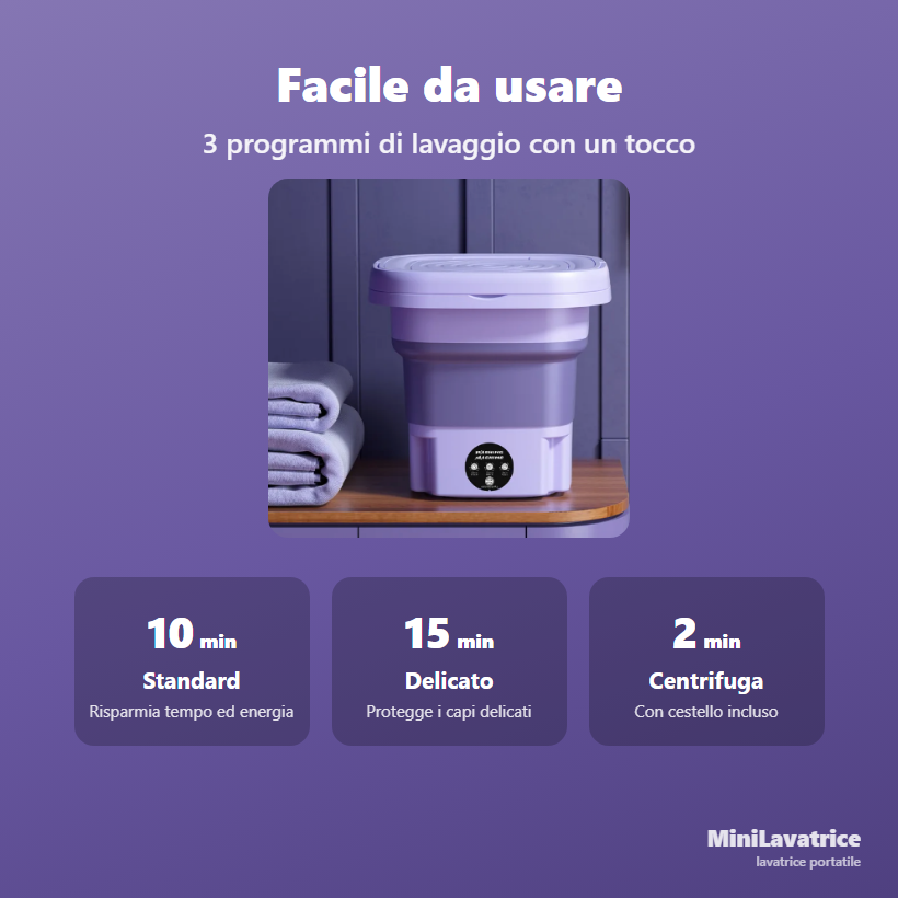 Mini lavatrice facile da usare con 3 programmi di lavaggio da 10, 15 e 2 minuti